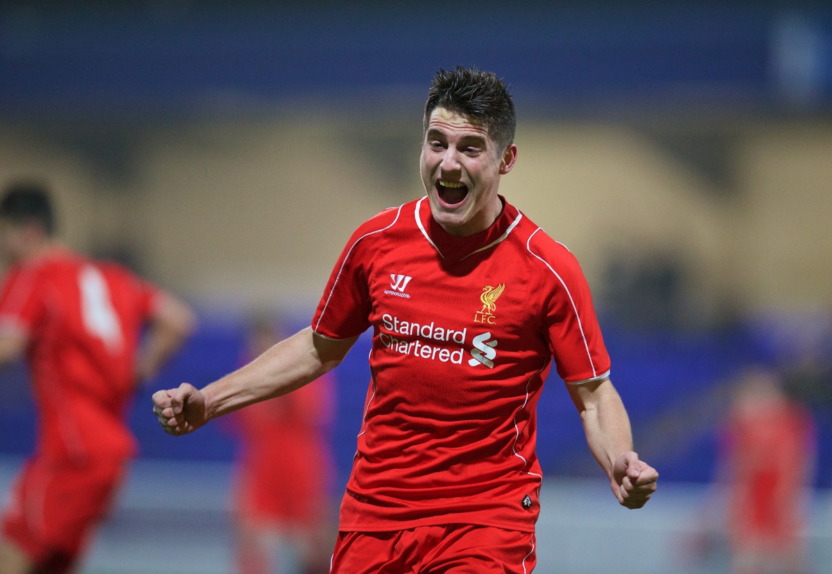CHESTER, ENGLAND - Wednesday, January 21, 2015: Liverpool's Sergi Canos celebrates scoring the fourth goal against Derby County during the FA Youth Cup 4th Round match at the Deva Stadium. (Pic by David Rawcliffe/Propaganda)