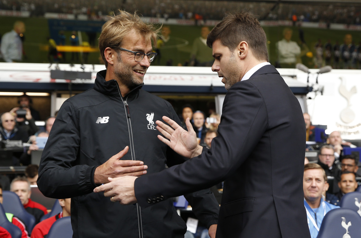 Football - Tottenham Hotspur v Liverpool - Barclays Premier League - White Hart Lane - 17/10/15 Liverpool manager Juergen Klopp shakes hands with Tottenham manager Mauricio Pochettino before the game Action Images via Reuters / John Sibley Livepic EDITORIAL USE ONLY. No use with unauthorized audio, video, data, fixture lists, club/league logos or "live" services. Online in-match use limited to 45 images, no video emulation. No use in betting, games or single club/league/player publications. Please contact your account representative for further details.