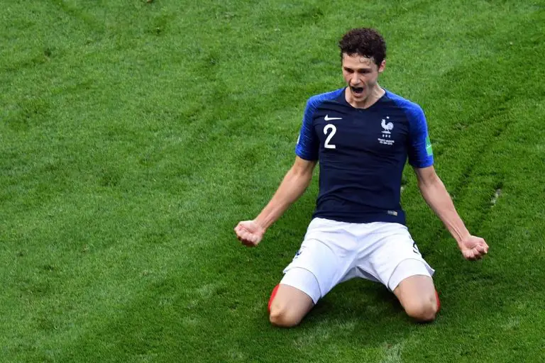 Benjamin Pavard celebrates a goal for France.