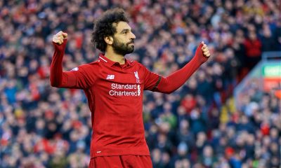 Mohamed Salah celebrates scoring a goal for Liverpool.