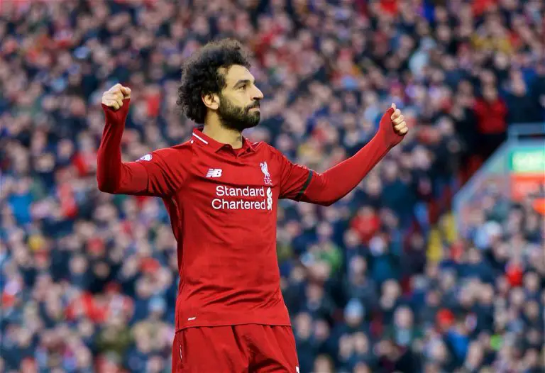 Mohamed Salah celebrates scoring a goal for Liverpool.