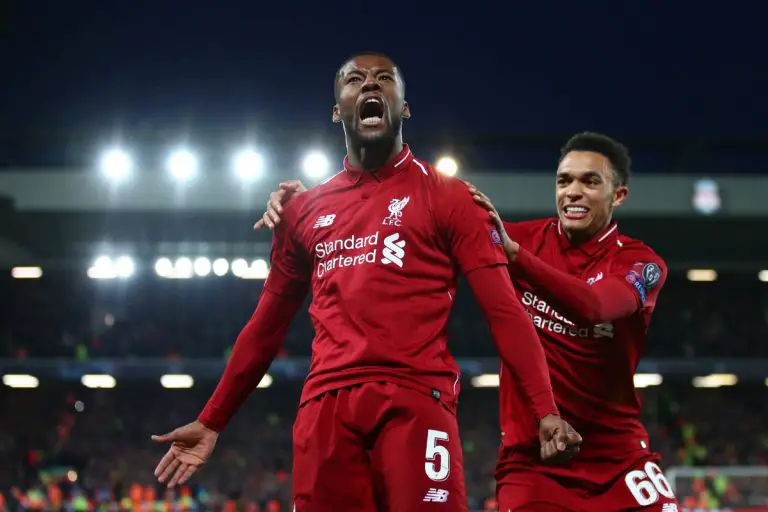 Wijnaldum celebrates scoring a goal for Liverpool.