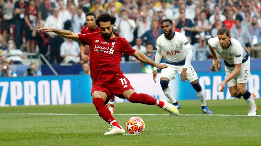 Mohamed Salah takes a penalty against Tottenham Hotspur