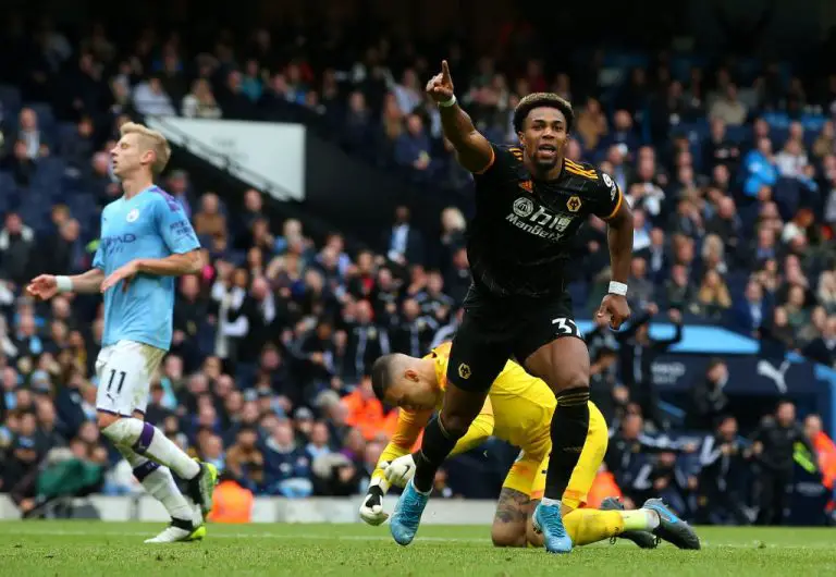 Adama Traore celebrates after scoring against Manchester City