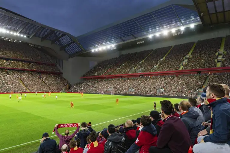 With Liverpool on pre-season tour, Anfield Road End expansion sees installation of 300-foot truss.