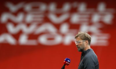 LIVERPOOL, ENGLAND - SEPTEMBER 12: Jurgen Klopp, Manager of Liverpool speaks to Sky Sports prior to the Premier League match between Liverpool and Leeds United at Anfield on September 12, 2020 in Liverpool, England. (Photo by Phil Noble - Pool/Getty Images)