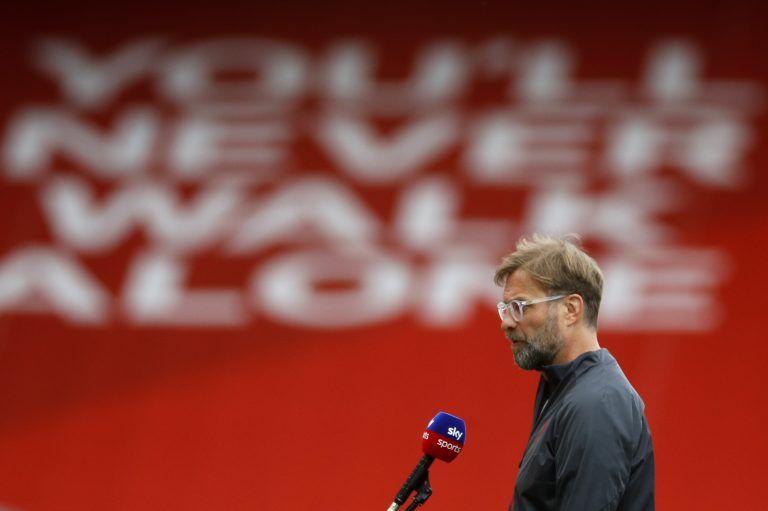 LIVERPOOL, ENGLAND - SEPTEMBER 12: Jurgen Klopp, Manager of Liverpool speaks to Sky Sports prior to the Premier League match between Liverpool and Leeds United at Anfield on September 12, 2020 in Liverpool, England. (Photo by Phil Noble - Pool/Getty Images)