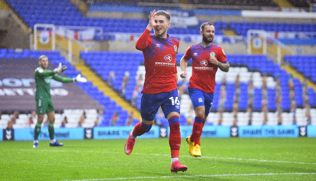 BIRMINGHAM, ENGLAND - OCTOBER 24: Harvey Elliott of Blackburn Rovers celebrates after he scores their third goal during the Sky Bet Championship match between Coventry City and Blackburn Rovers at St Andrew's Trillion Trophy Stadium on October 24, 2020 in Birmingham, England. Sporting stadiums around the UK remain under strict restrictions due to the Coronavirus Pandemic as Government social distancing laws prohibit fans inside venues resulting in games being played behind closed doors. (Photo by Nathan Stirk/Getty Images)