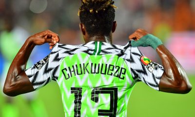 Nigeria's forward Samuel Chukwueze celebrates his goal during the 2019 Africa Cup of Nations (CAN) quarter final football match between Nigeria and South Africa at Cairo international stadium on July 9, 2019. (Photo by Giuseppe CACACE / AFP) (Photo credit should read GIUSEPPE CACACE/AFP via Getty Images)