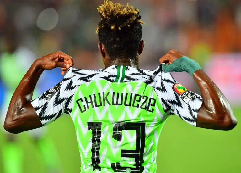 Nigeria's forward Samuel Chukwueze celebrates his goal during the 2019 Africa Cup of Nations (CAN) quarter final football match between Nigeria and South Africa at Cairo international stadium on July 9, 2019. (Photo by Giuseppe CACACE / AFP) (Photo credit should read GIUSEPPE CACACE/AFP via Getty Images)