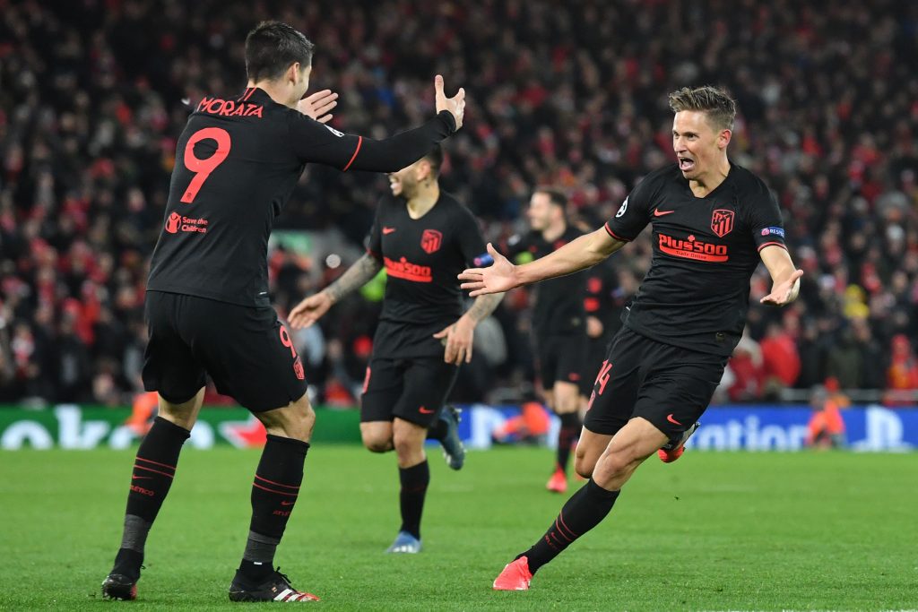 Marcos Llorente celebrates scoring against Liverpool in the UEFA Champions League round of 16. (GETTY Images)