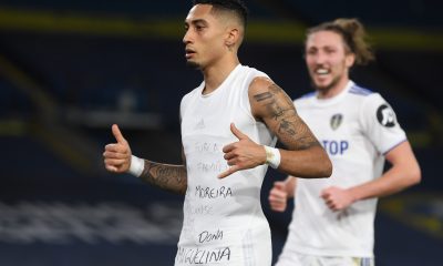 Raphinha of Leeds United celebrates after scoring their sides third goal during the Premier League match between Leeds United and Southampton.
