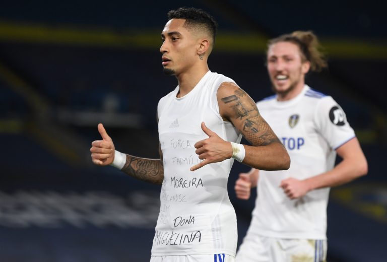 Raphinha of Leeds United celebrates after scoring their sides third goal during the Premier League match between Leeds United and Southampton.