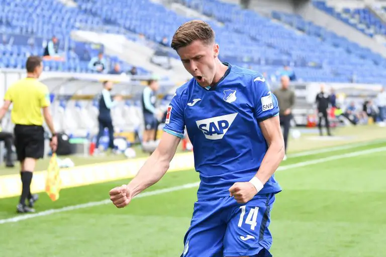 Christoph Baumgartner celebrates a goal for Hoffenheim. (QUASI VIDEO Sinsheim prio:1)