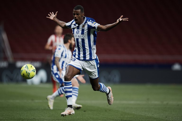 Alexander Isak of Real Sociedad reacts during a La Liga Santander match against Atletico Madrid.