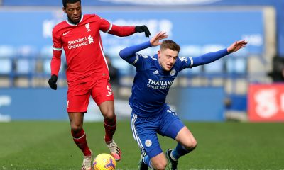 Leicester City winger, Harvey Barnes, in action against Liverpool.