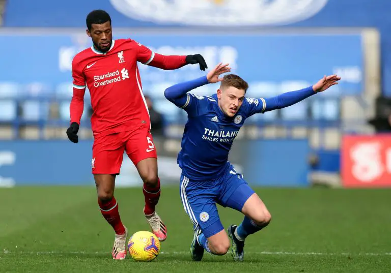 Leicester City winger, Harvey Barnes, in action against Liverpool.