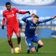 Leicester City winger, Harvey Barnes, in action against Liverpool.