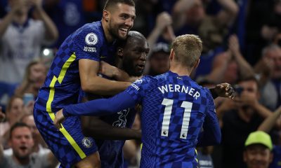 Romelu Lukaku of Chelsea celebrates with Mateo Kovacic and Timo Werner.
