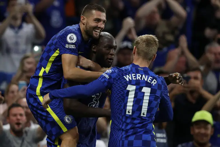 Romelu Lukaku of Chelsea celebrates with Mateo Kovacic and Timo Werner.