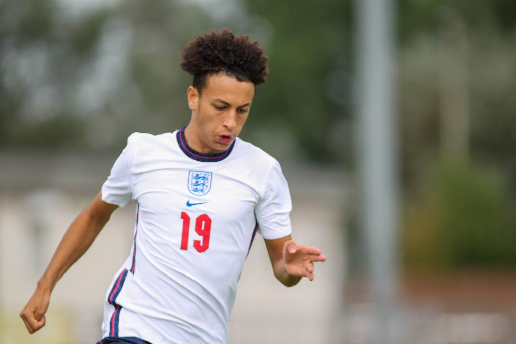 Kaide Gordon in action for the England youth team.
