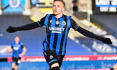 Noa Lang forward of Club Brugge celebrates scoring a goal during the Champions play-offs matchday 1 game.