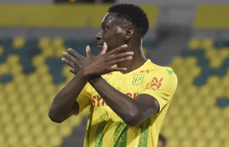 Nantes' French forward Randal Kolo Muani celebrates a goal. (Photo by SEBASTIEN SALOM-GOMIS/AFP via Getty Images)