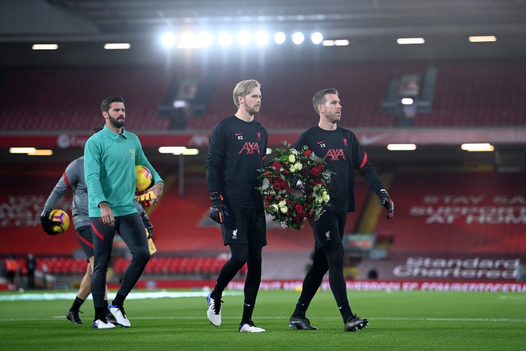 LIVERPOOL, ENGLAND - NOVEMBER 22: Liverpool goalkeepers, Alisson Becker (L), Adrian (R) and Caoimhin Kelleher (C) of Liverpool.