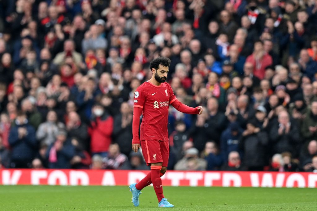 Mohamed Salah reacts after being subbed off. (Photo by PAUL ELLIS/AFP via Getty Images)