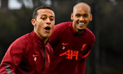 Fabinho and Thiago Alcantara in training for Liverpool.
