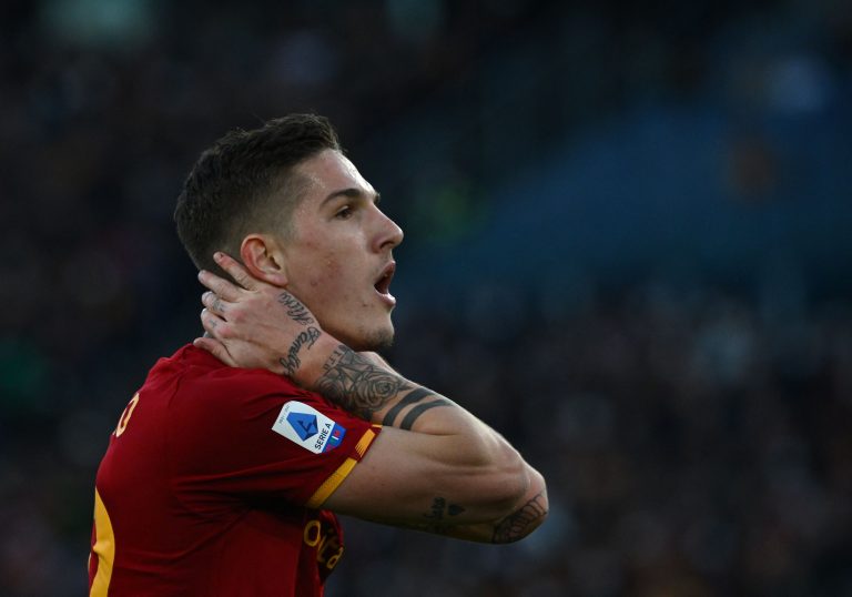 Nicolo Zaniolo in action for AS Roma. (Photo by FILIPPO MONTEFORTE/AFP via Getty Images)