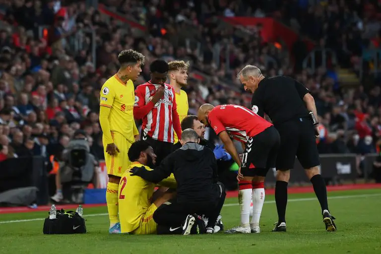 Joe Gomez was injured against Southampton for Liverpool. (Photo by Mike Hewitt/Getty Images)