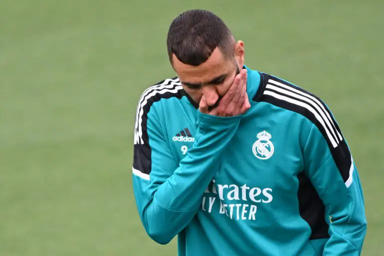 Karim Benzema attends a training session at the Ciudad Real Madrid. (Photo by GABRIEL BOUYS/AFP via Getty Images)