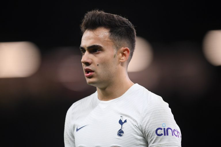 Sergio Reguilon of Spurs looks on during the Premier League match against Manchester United. (Photo by Michael Regan/Getty Images)