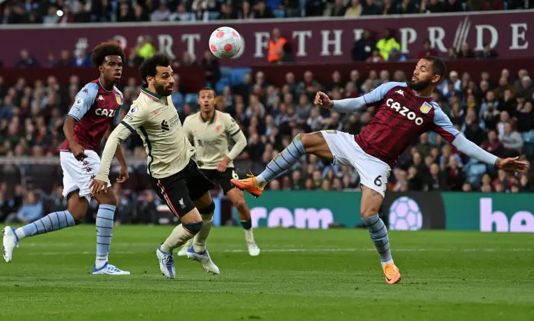 Mohamed Salah in action against Aston Villa. (Photo by PAUL ELLIS/AFP via Getty Images)