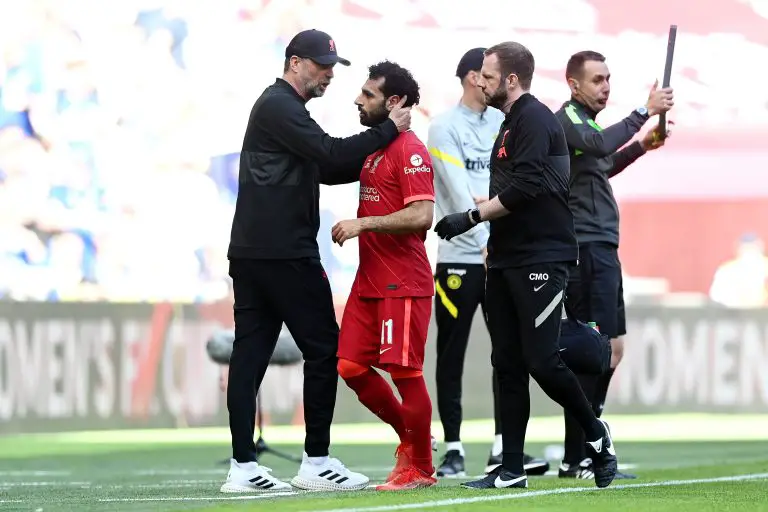 Mohamed Salah forced off the pitch in the FA Cup final against Chelsea due to an injury. (Photo by Shaun Botterill/Getty Images)