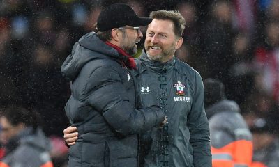 Jurgen Klopp and Ralph Hasenhuttl react on the sidelines. (Photo by PAUL ELLIS/AFP via Getty Images)