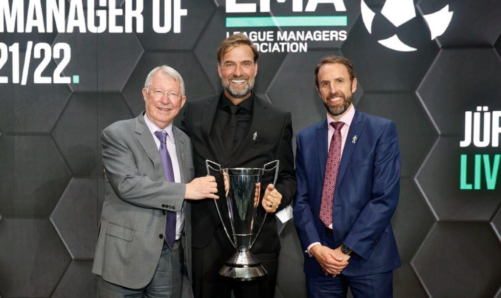Sir Alex Ferguson with Liverpool boss, Jurgen Klopp, and England boss, Gareth Southgate. (Image: League Manager's Association)