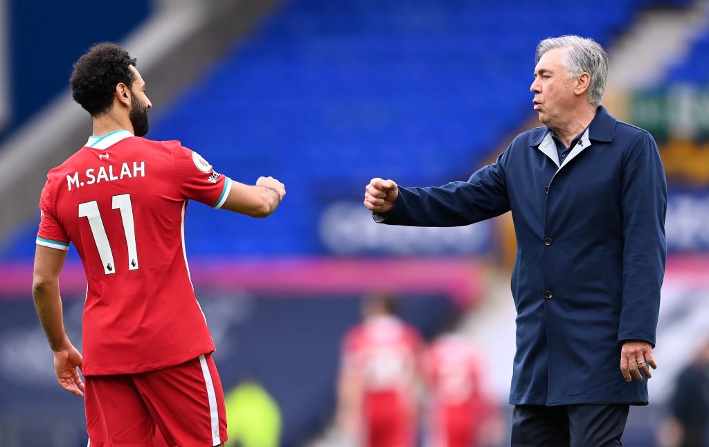 Carlo Ancelotti during his days as an Everton manager, with Mohamed Salah of Liverpool.