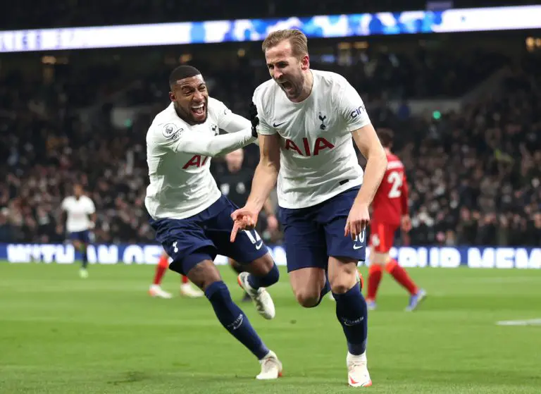 Harry Kane of Tottenham celebrates after scoring against Liverpool. (Photo by Alex Pantling/Getty Images )