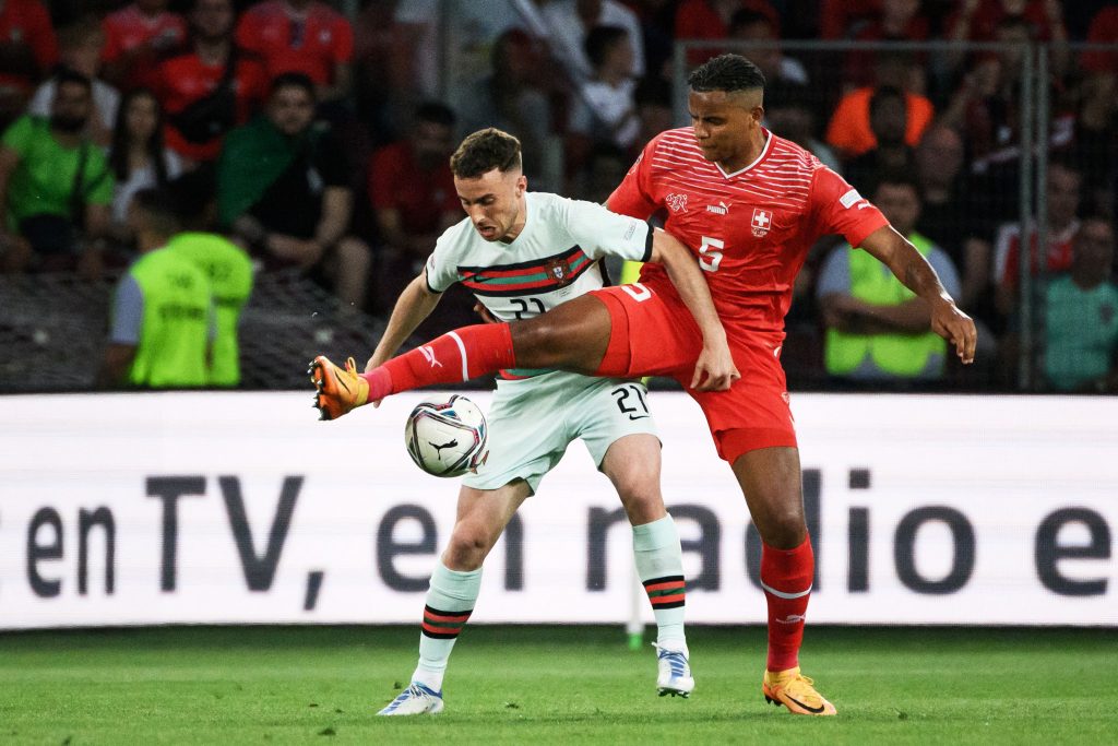 Diogo Jota and Manuel Akanji in the game between Portugal and Switzerland. 