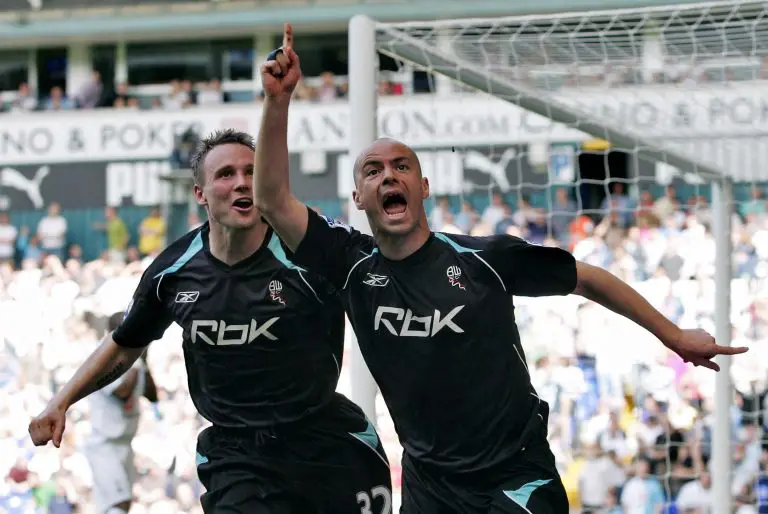 Stelios Giannakopoulos celebrates a goal for Bolton Wanderers.