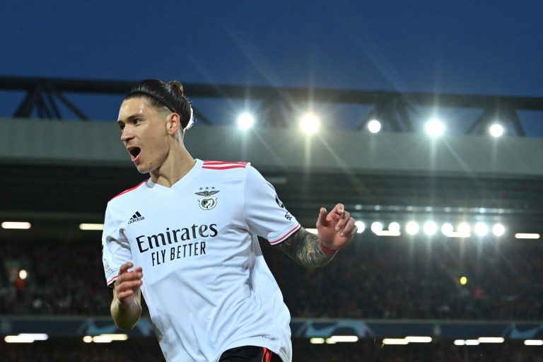 Darwin Nunez celebrates after scoring against Liverpool.