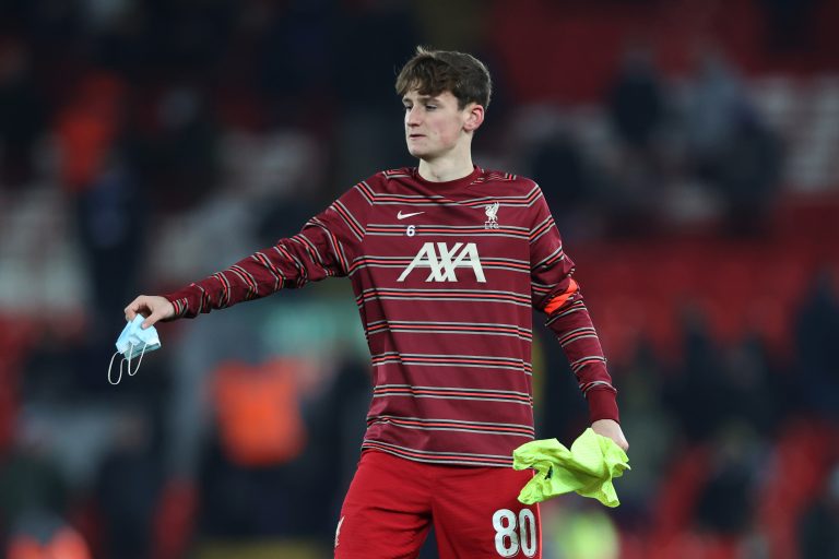 Tyler Morton of Liverpool warms up prior to the Carabao Cup Quarter Final match between Liverpool and Leicester City. (Photo by Naomi Baker/Getty Images)