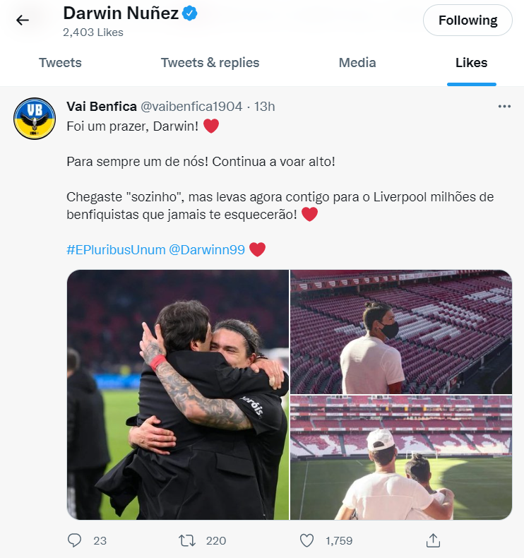Darwin Nunez likes tweets mentioning his move from SL Benfica to Liverpool as transfer draws near. (Image: As found on Darwin Nunez's official Twitter account)