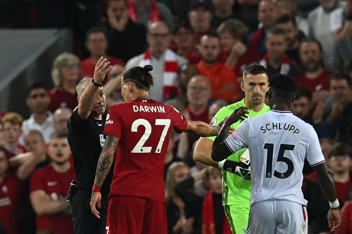 Darwin Nunez shown a red card by referee Paul Tierney against Crystal Palace. (Photo by PAUL ELLIS/AFP via Getty Images)