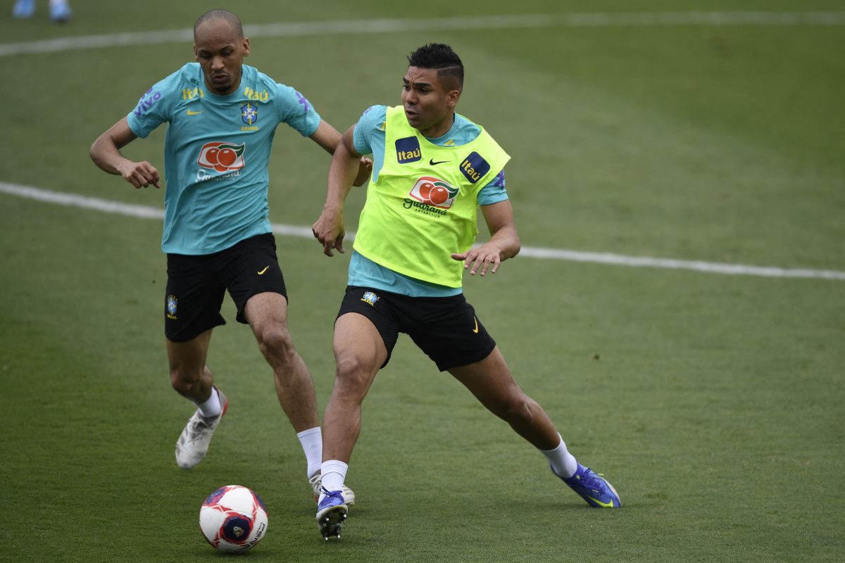 Fabinho and Casemiro in a training session for Brazil. (Photo by MAURO PIMENTEL/AFP via Getty Images)
