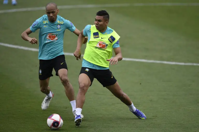 Fabinho and Casemiro in a training session for Brazil. (Photo by MAURO PIMENTEL/AFP via Getty Images)