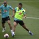 Fabinho and Casemiro in a training session for Brazil. (Photo by MAURO PIMENTEL/AFP via Getty Images)