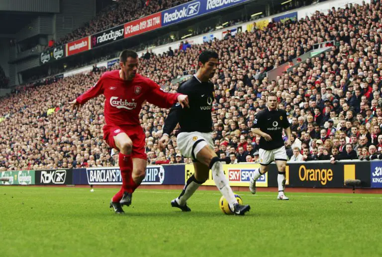 Cristiano Ronaldo of Manchester United shields the ball from Jamie Carragher of Liverpool in a match back in 2005.